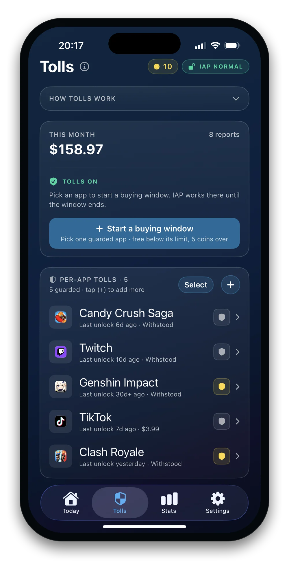The tolls list: five guarded apps, each with its own monthly limit and spending history
